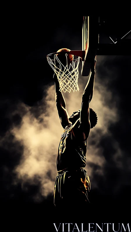 Backlit basketball dunk captured in high-contrast chiaroscuro.