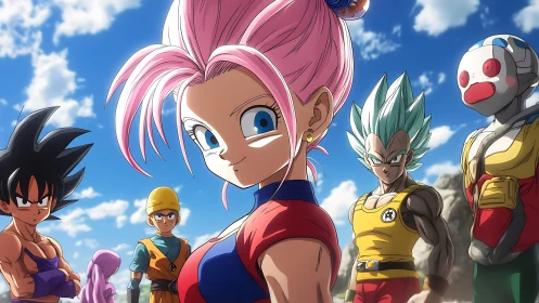 Anime heroes stand united under a vivid blue battle sky