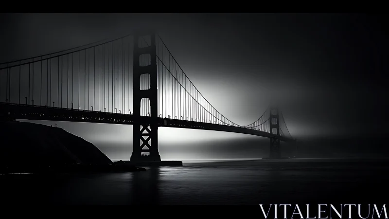 Silent steel giant crossing a moonlit fog-drenched bay.