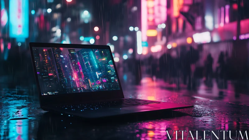 Rain-soaked laptop on neon street reflects dense cyberpunk skyline
