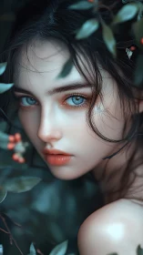 Blue-eyed woman portrait in soft focus foliage scene.