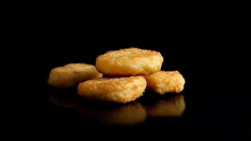 Golden fried chicken nuggets on black background.