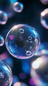 Shimmering soap bubbles drift gently through soft neon light