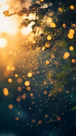 Backlit foliage with shallow depth bokeh particle cascade.