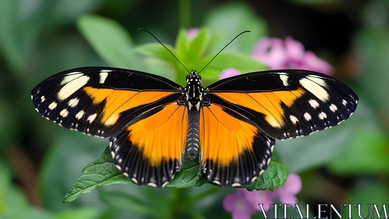 Macro study of orange black butterfly on green foliage.