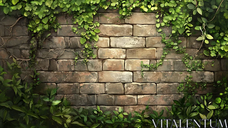 Weathered stone garden wall wrapped in lush green ivy.
