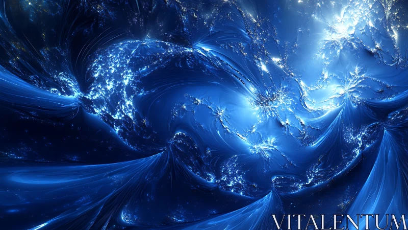 Blue fractal light structures in swirling digital field.