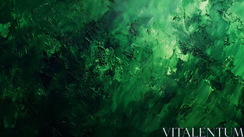 Rich green abstract oil painting with textured brush strokes.
