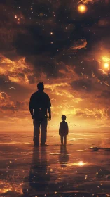 Silhouetted father and child under fiery cosmic sunset sky.
