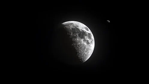 Lunar surface close-up with distant celestial body visible.