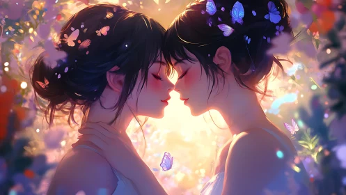 Anime twin portrait with luminous butterflies and bokeh bloom.
