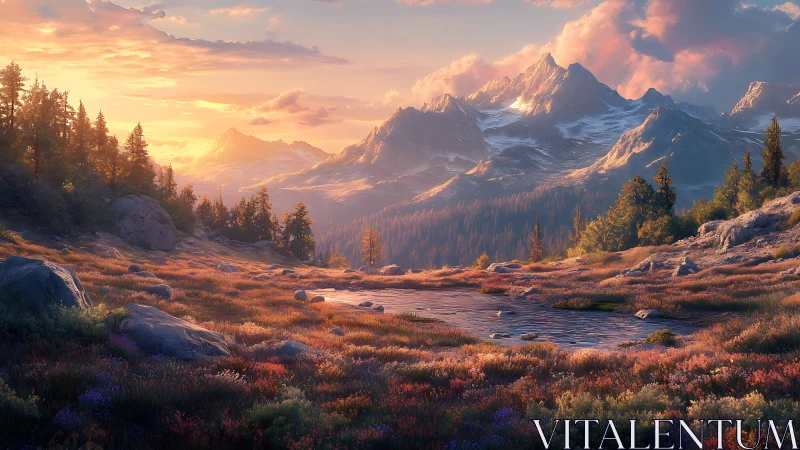 Sunset alpine valley with reflective pond and wildflowers.