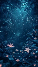 Glowing flowers illuminate dense blue foliage in dark forest