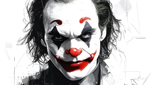 Digital portrait of a sinister clown face in close-up view.