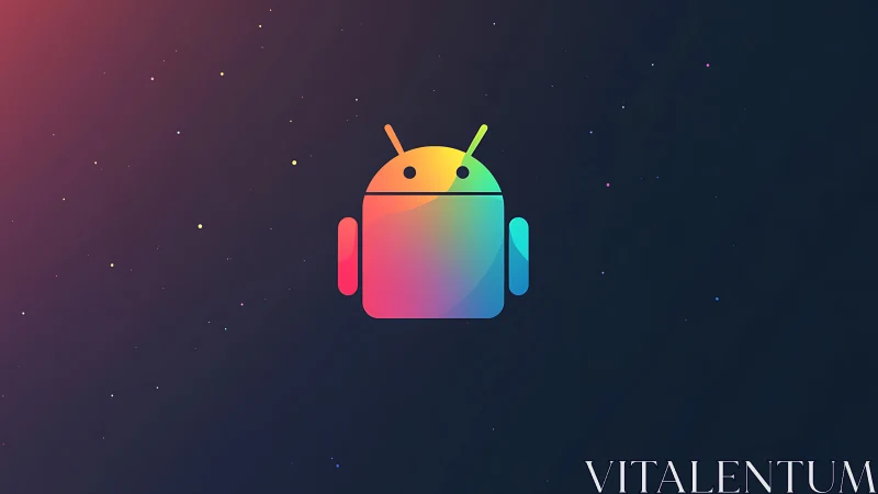 Neon android mascot quietly orbits a digital starfield