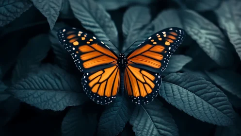 Quiet monarch butterfly rests on deep teal garden leaves