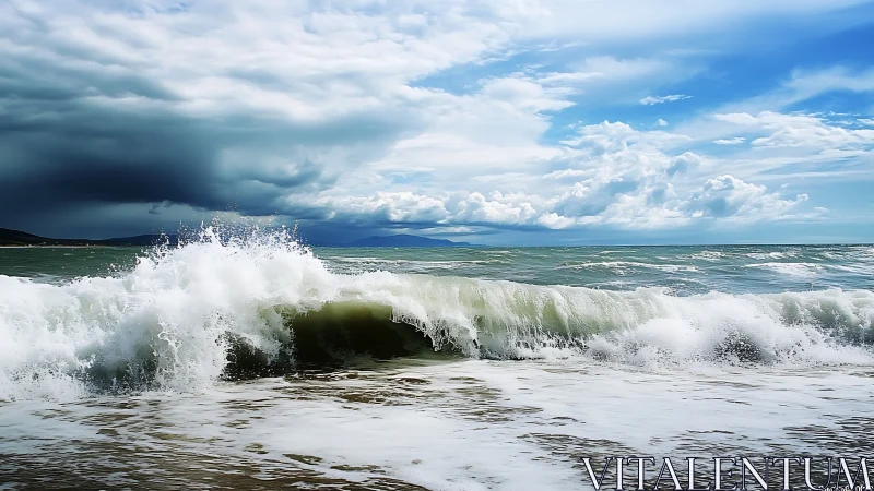 Rolling seaside wave under restless blue and stormy skies.