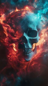 Flaming skull emerges in blue and red cosmic inferno.