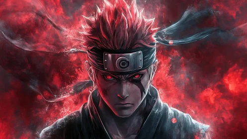 Red-eyed ninja stands in swirling crimson smoke