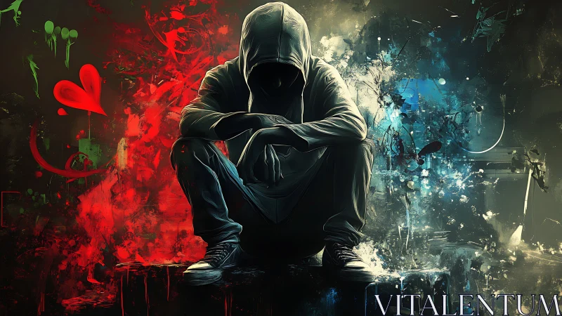 Hooded dreamer crouches between wildfire reds and icy blues