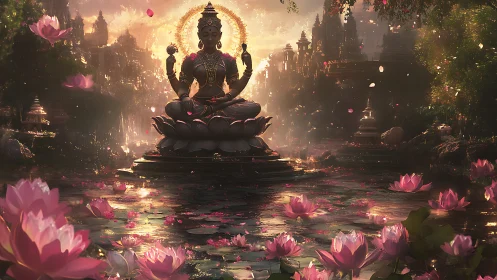 Lotus-seated deity statue amid reflective water garden.