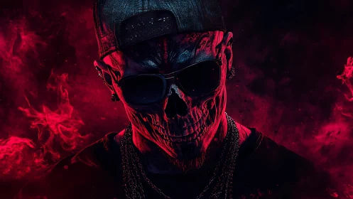 Neon crimson skull gangster under cinematic rim lighting.