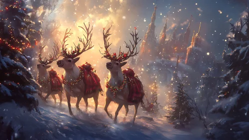 Festive reindeer procession in snowy illuminated forest.