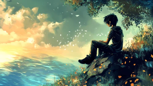 Solitary boy contemplates a glowing ocean at sunset.