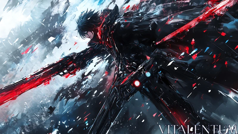 Storm-lit cyber warrior unleashes glowing red energy.