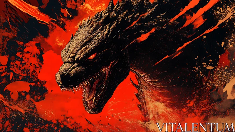 Infernal kaiju profile amid explosive crimson splatter.