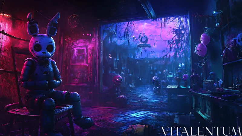 Robot rabbit in neon haunted workshop environment.