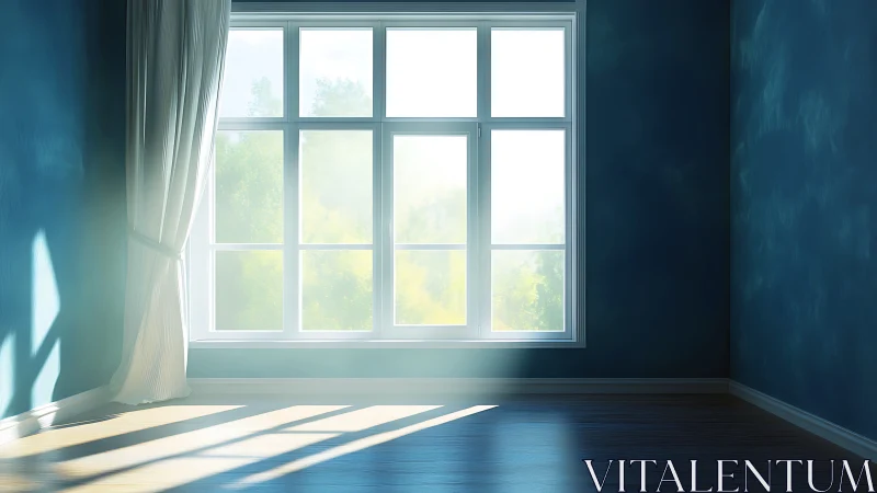 Empty blue room with large sunlit window and curtain.