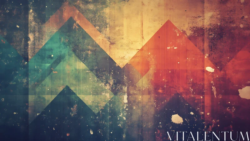 Geometric chevron gradients overlay distressed textured surface