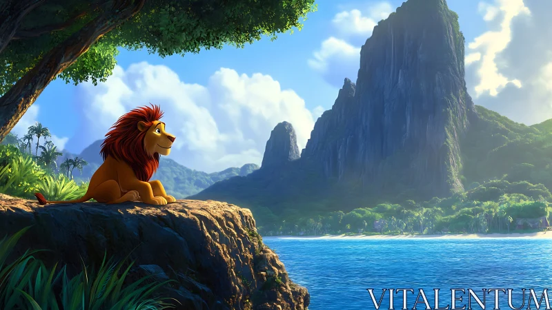 Sunlit lion rests happily beside a calm tropical shoreline