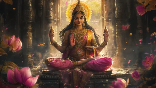 Radiant goddess in lotus pose illuminates a sacred temple