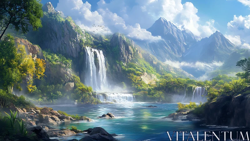 Mountain lake with multi-tier waterfalls and forested slopes.