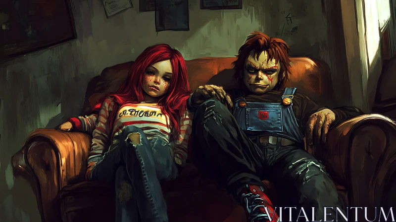 Two eerie dolls sit slouched on a worn leather sofa indoors