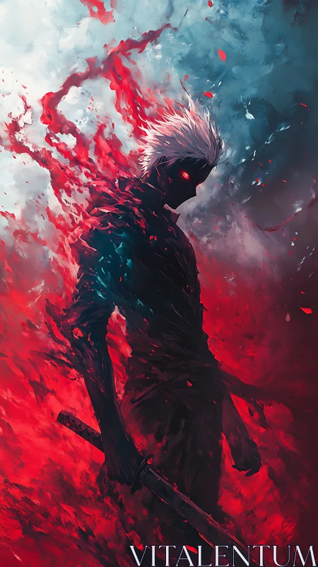 Dark swordsman in red energy storm stands in profile.