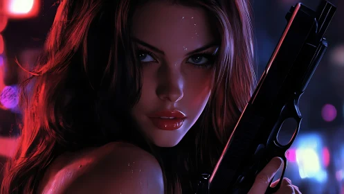 Neon-soaked vigilante with pistol in intense close-up portrait.