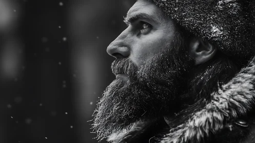 Side-profile winter portrait reveals frost-detailed beard texture