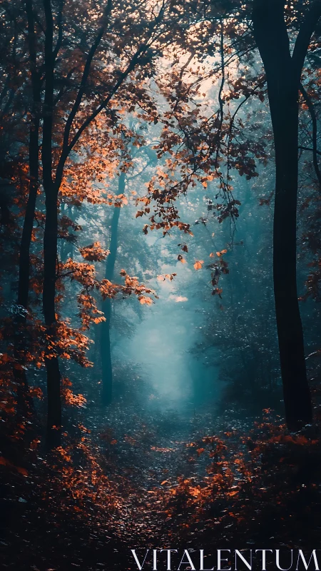 Misty Forest Path: Golden Autumn Through Shadowed Trees.