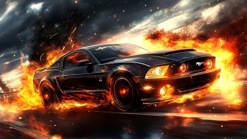 Midnight muscle car blazing through a storm of fire.