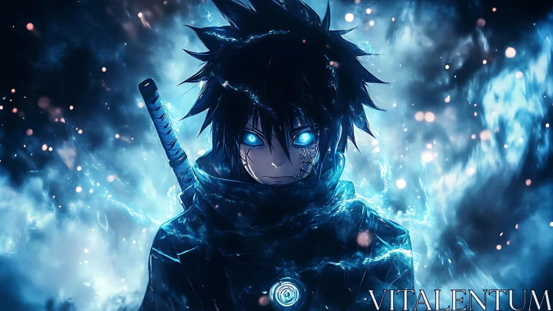 Blue-eyed anime warrior in glowing storm aura at night.