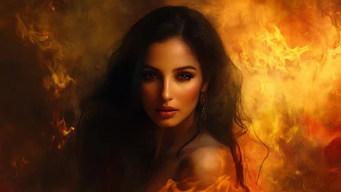 Woman with flowing dark hair surrounded by flames.