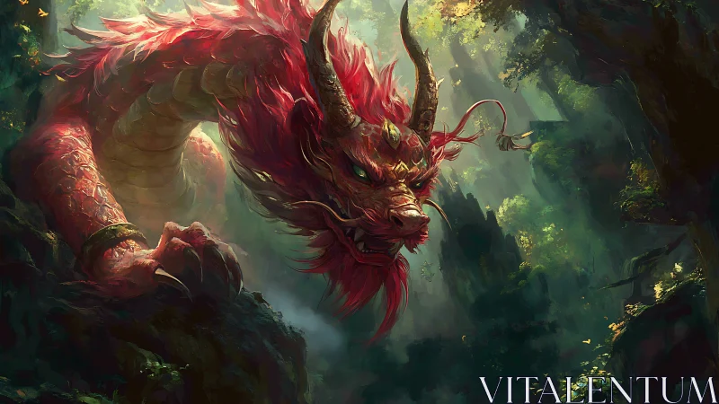 Gentle forest dragon winding through sunlit emerald mist.