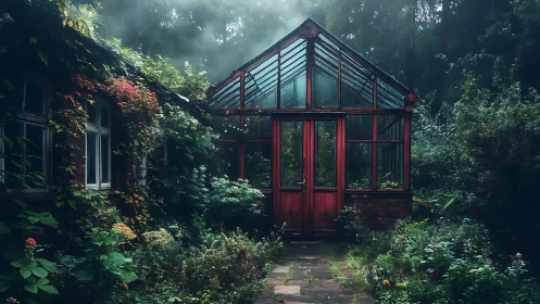 Moss-covered glasshouse stands in misty forest clearing overgrown