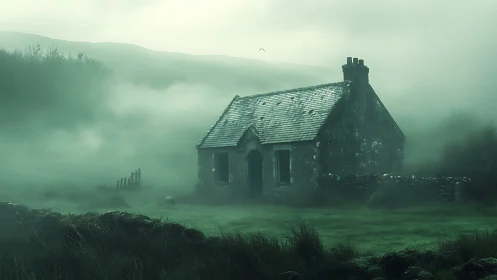 Lonely stone cottage emerges from thick emerald fog.