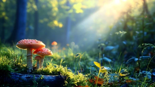 Backlit fly agaric mushrooms in shallow-depth forest microhabitat.