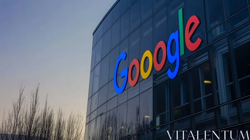 Corporate twilight with Google’s bright candy letters aglow.