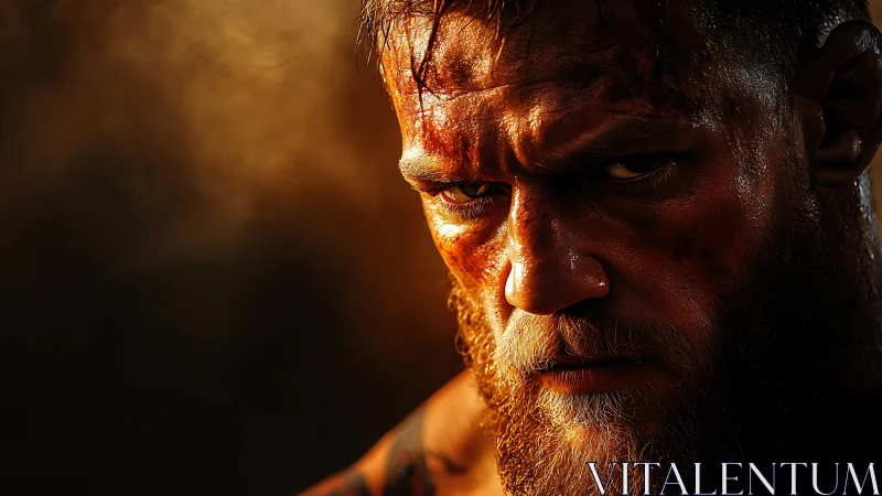 Grit-lit stare of a battered fighter in molten light.